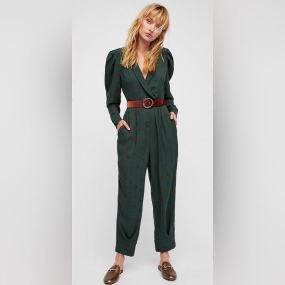 FREE PEOPLE Star Eyes Jade Green Long Sleeve Jumpsuit Size XS - Picture 1 of 9